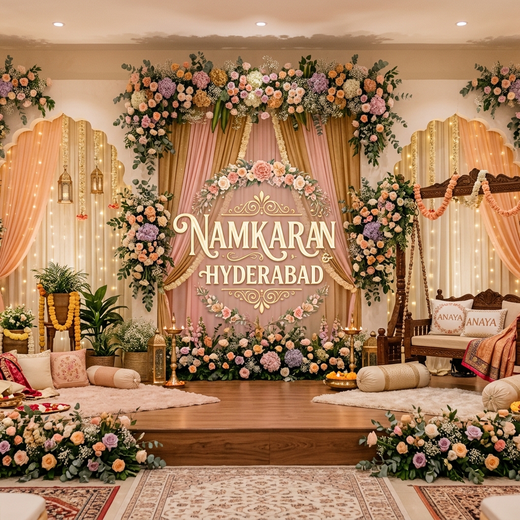 Namkaran Puja setup for baby naming ceremony in Hyderabad